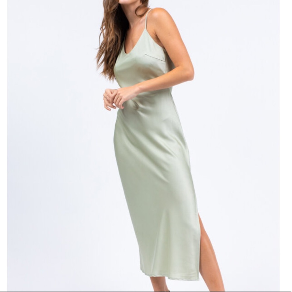 The Leila Satin Midi Dress in Pistachio Green